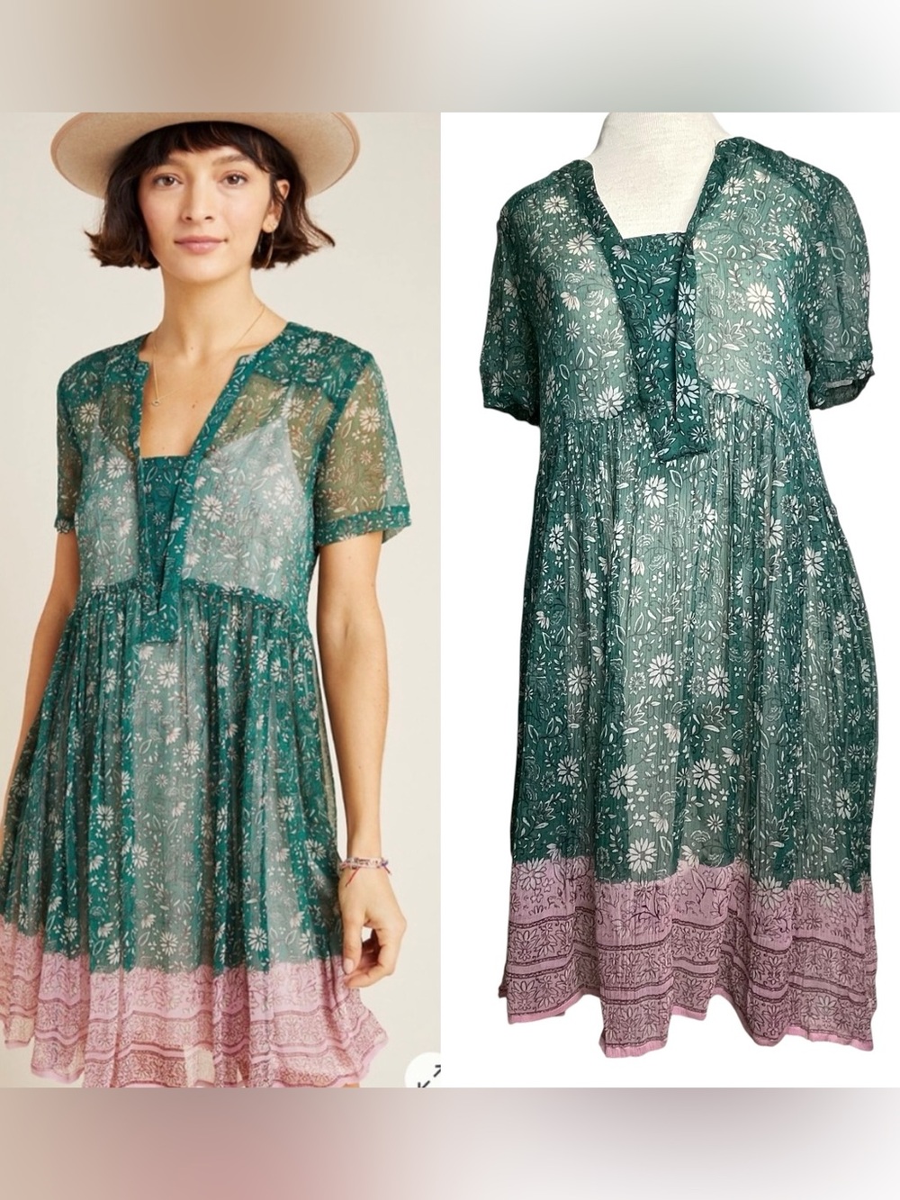 Anthropologie Maeve Aiden Sheer Floral Gauzy Babydoll Mini Tunic Dress Sz Sm